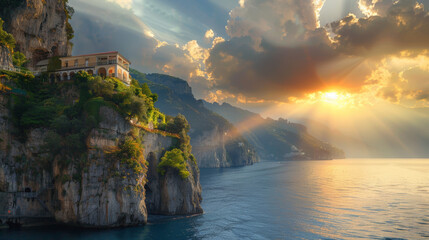 A breathtaking sunset over cliffs and ocean, with rays of sunlight breaking through the clouds,...