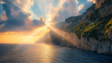 A breathtaking sunset over cliffs and ocean, with rays of sunlight breaking through the clouds, creating a dramatic seascape.

