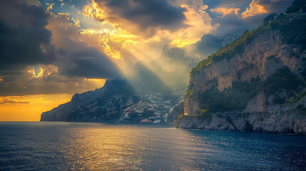A breathtaking sunset over cliffs and ocean, with rays of sunlight breaking through the clouds, creating a dramatic seascape.
