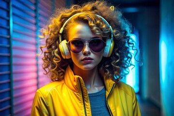 Music lover. A young beautiful girl in sunglasses listens to music in large wireless headphones while standing in a neon tunnel against a background of neon signs.