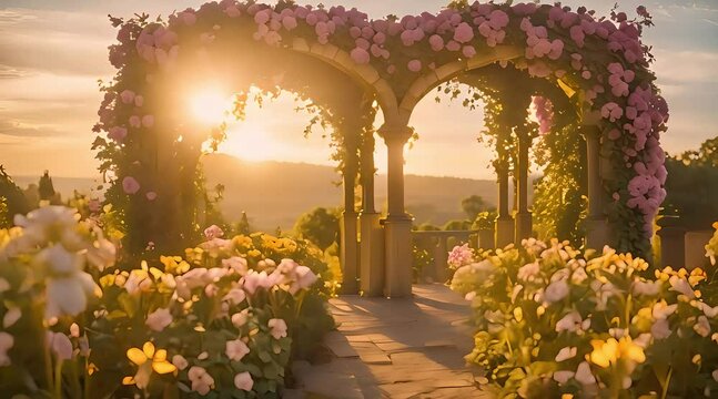 Magical sunset casting a golden glow over a secluded fairytale garden, where whimsical creatures gather under enchanting flower arches