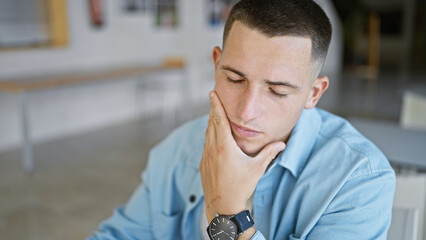 Pensive young hispanic man with watch, contemplating in a bright university indoor setting.