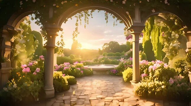 Magical sunset casting a golden glow over a secluded fairytale garden, where whimsical creatures gather under enchanting flower arches
