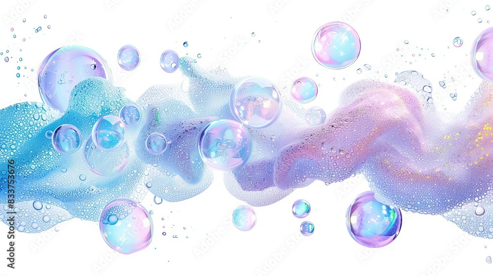 Poster iridescent soap foam and colorful bubbles floating gracefully isolated on pure white background abst