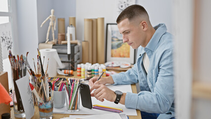 Young man using smartphone in an art studio, surrounded by brushes, paints, and colorful pencils.