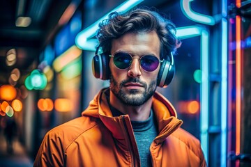 Music lover. A young handsome man in sunglasses listens to music in large wireless headphones while standing in a neon tunnel against a background of neon signs.