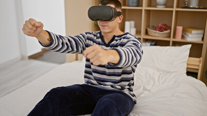 A young man experiencing virtual reality in a modern bedroom setting, exuding a sense of technology...