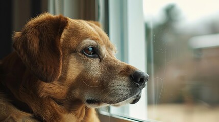 loyal dog waiting by window searching for owner calm and patient heartwarming pet portrait