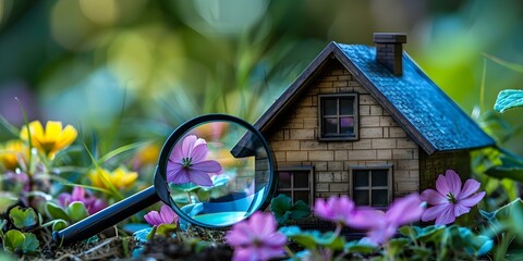 Searching for a new home with a magnifying glass in the real estate market. Concept Real Estate Search, House Hunting, New Home, Property Market, Magnifying Glass