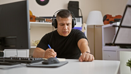 Talented young latin musician engrossed in crafting a soulful song at his cozy music studio,...