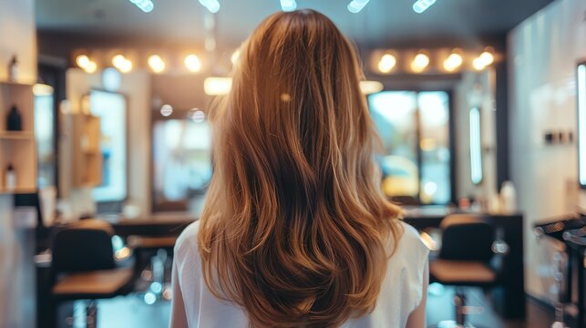 Woman with beautifully styled hair in a modern salon, showcasing a warm and inviting atmosphere with chic decor and lighting.