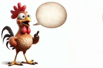 Anthropomorphic cute chicken with empty speech bubble standing isolated on white background, copy space for text
