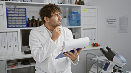 A thoughtful man with a beard in a white lab coat ponders results while holding documents in a...