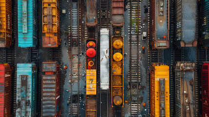Obraz premium Bird's eye view of railway tracks, Top view of a freight train.