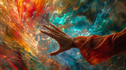 A close-up of a dancer's hands in motion, fingers splayed and reaching out, against a backdrop of swirling colors, symbolizing the artistry and grace of dance.