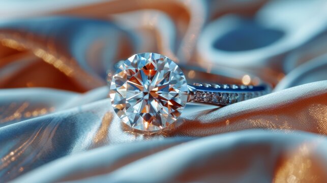 A close-up of a diamond ring, with its brilliant-cut stone sparkling and reflecting light, set against a backdrop of soft, luxurious fabric, highlighting its exquisite beauty and e