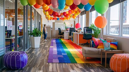 24. An office celebration where employees wear rainbow attire and participate in activities promoting LGBTQ+ inclusion, with the workspace decorated in vibrant Pride colors