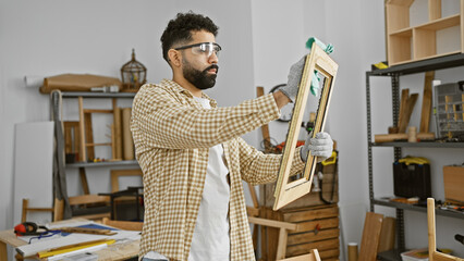 A young bearded man cleans a wooden frame carefully in a well-organized carpentry workshop.