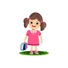 A schoolgirl with fair skin and dark hair smiles and holds a briefcase dressed in a pink dress stands on the green grass