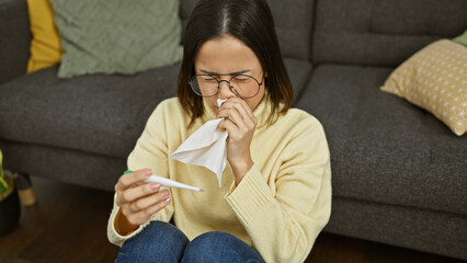 A young woman in a yellow sweater uses a tissue while holding a thermometer, sitting on a grey sofa...