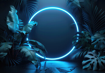 3d rendering of blue neon circle frame with tropical leaves on dark background. Neon light ring in jungle for banner, flyer and poster design