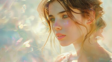 Fototapeta premium A gentle, pastel-colored portrait of a young woman, with soft, diffused lighting highlighting her features in a subtle and flattering way, conveying a sense of beauty and grace.