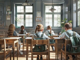 Obraz premium The children sit at their desks at school, listening and learning attentively