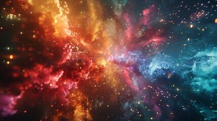 A high-definition image of a firework display against a night sky, where multicolored explosions of vivid reds, blues, greens, and golds light up the darkness in a brilliant celebr