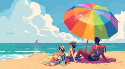 Obraz premium 22. An illustration of an LGBTQ+ family vacationing at the beach, playing in the sand and water, with a rainbow umbrella providing shade