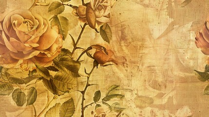 Vintage book cover with rose illustrations, yellowed and worn, soft shadows, closeup