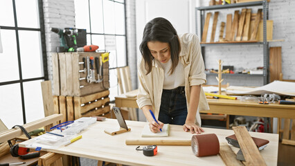 A young hispanic woman takes notes in a well-organized carpentry workshop full of tools and wood.