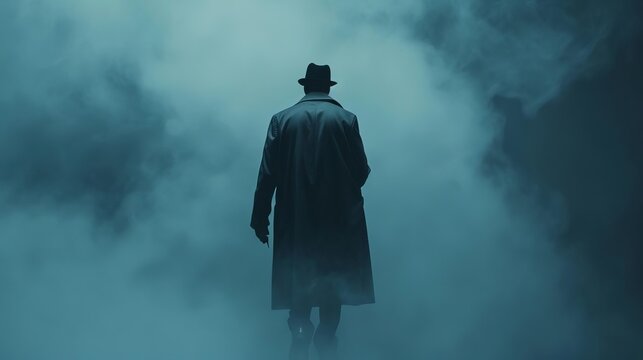 mysterious african american man in long trench coat walking through fog noire detective concept