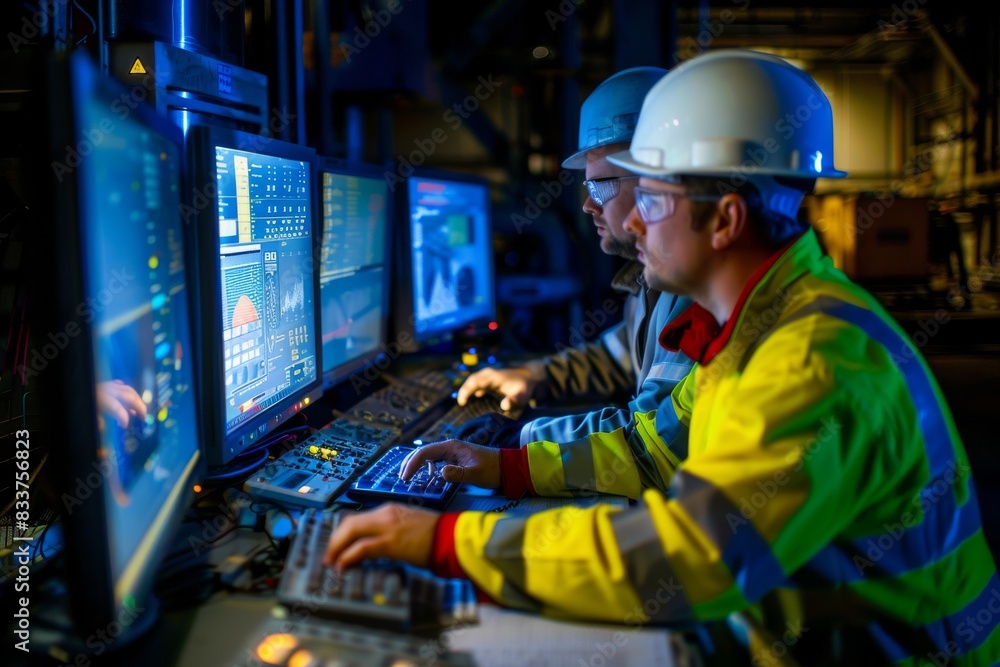 Poster two engineers follow assembly process using scada system that uses ai technology and ui on modern fa