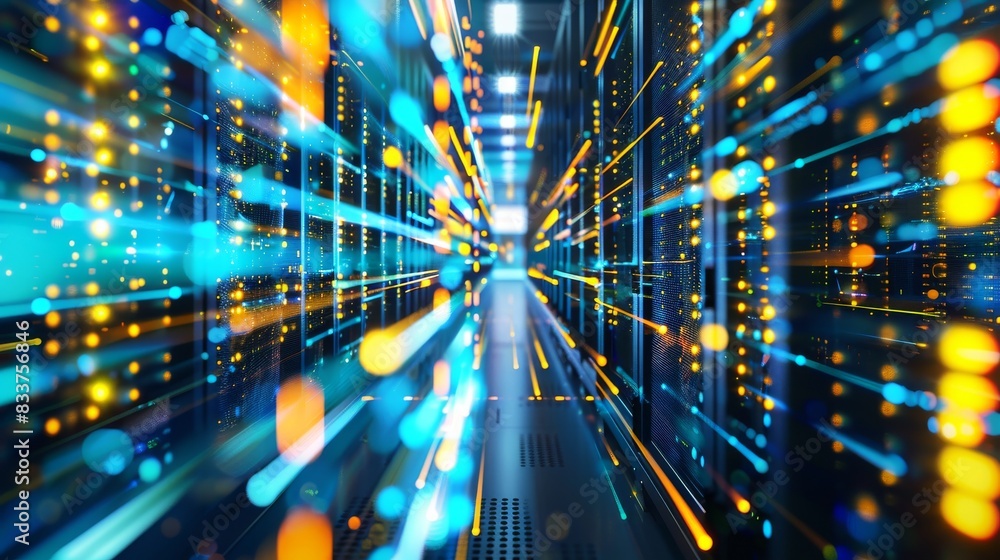 Poster image of a data center with racks of servers connected with ethernet connection lines.
