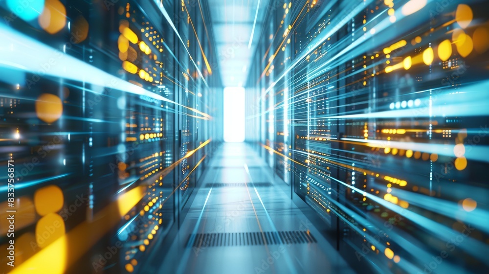 Poster visualization of network lines connecting rows of rack servers in a working data center.