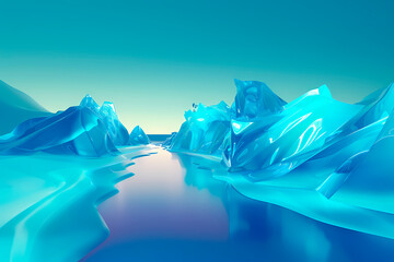 Obraz premium This illustration depicts a futuristic landscape with intricate icy blue icebergs reflecting in still water, evoking surrealism and tranquility