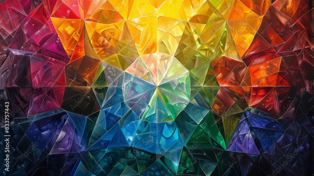 Poster a vibrant, kaleidoscopic pattern formed by overlapping layers of translucent, colorful shapes, creat