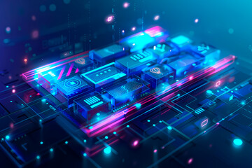 This illustration showcases a holographic motherboard with glowing elements representing electronic circuits and connectivity