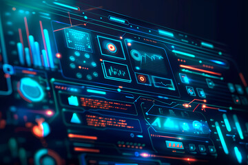 An illustration of an advanced, futuristic control panel interface with various digital graphs and data displays