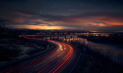 Fototapeta premium This is a generative AI image of a highway at night, taken with a long exposure.