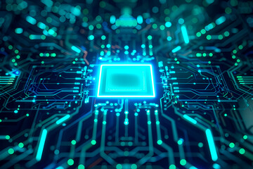 This illustration features a conceptual design of a futuristic processor chip on a motherboard with glowing blue elements