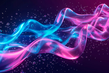 This detailed illustration showcases sweeping waves in neon pink and blue hues with subtle bubbles