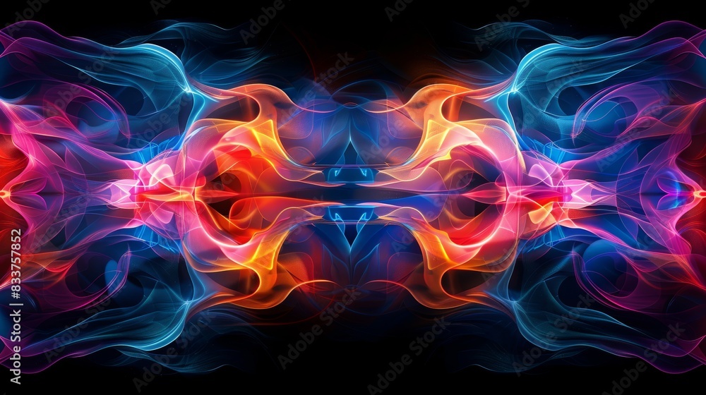 Poster an artistic composition of neon lights forming abstract shapes and patterns against a black backgrou