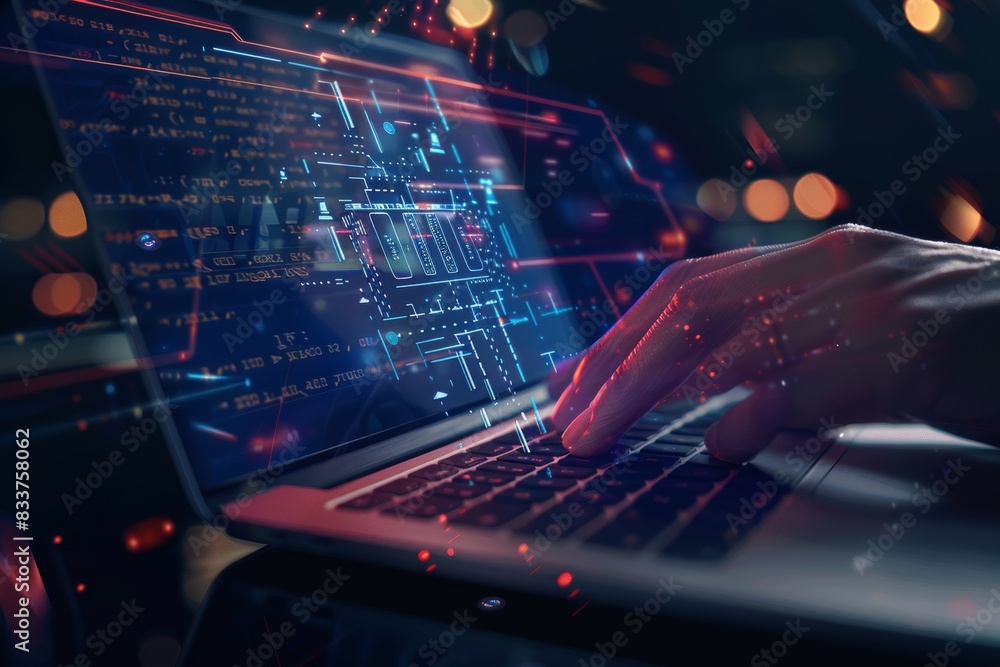 Poster a businessman uses ai through his laptop computer in the office to analyze data or generate virtual 