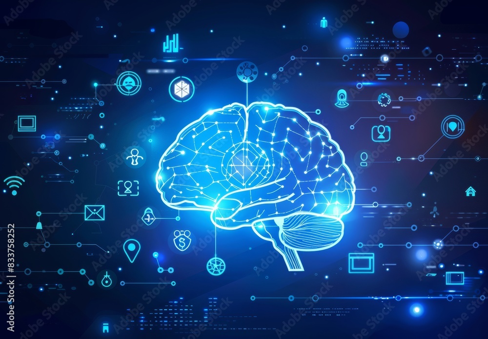 Poster brain wireframe connects with circuit electronics graphic, binary code and technology icons backgrou