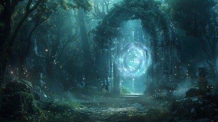 An ethereal, dreamlike depiction of a mystical portal in the forest, surrounded by glowing, floating runes and intricate, ancient symbols, emitting a soft, otherworldly light and h