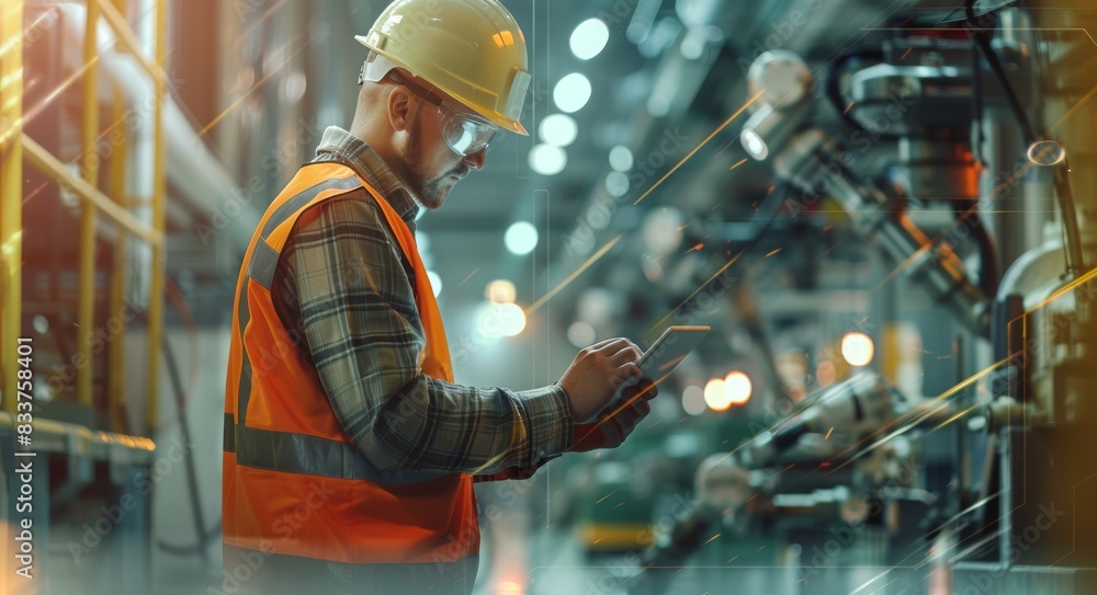 Poster manager or industrial engineer controlling robotic arms on tablets with industrial factories and com