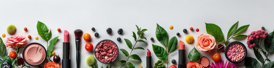 Top photograph flat lay view of wide colorful pink cosmetic items, powder and makeup brushes lay in manner with white background