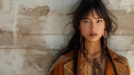 A model poses against a rustic brick wall wearing a brown leather jacket with fringe detailing