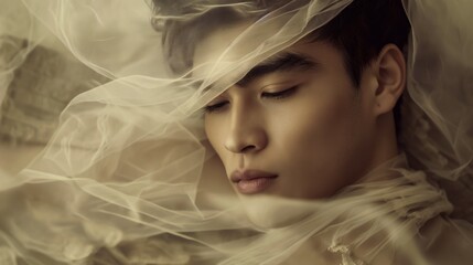 A male model poses for a fashion photoshoot, his face partially obscured by a delicate white fabric